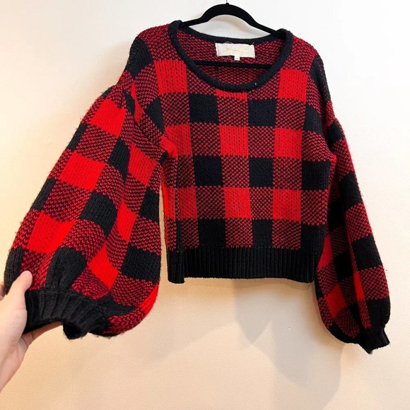 Jen's Pirate Booty Plaid Red Scoop Neck Holiday Balloon Sleeve Bohemian Sweater - Picture 3 of 8